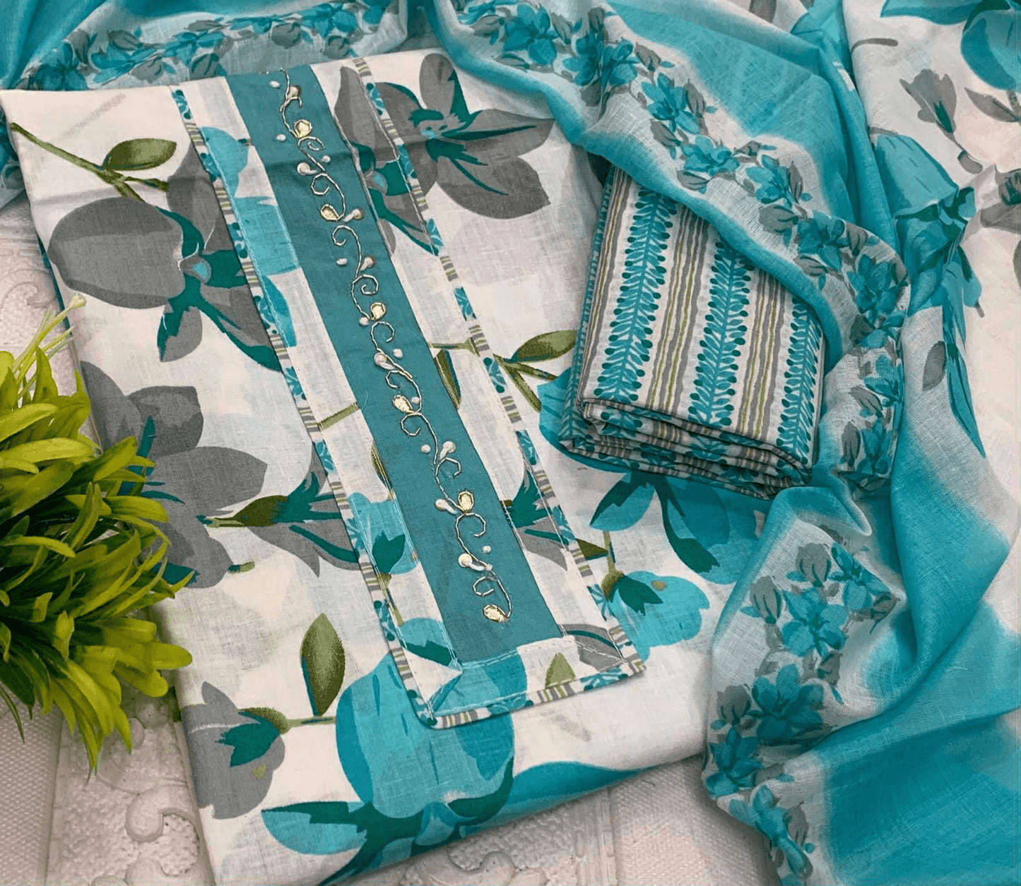 Pure Cotton Kurti Set – Embroidered Neck Three-Piece Collection