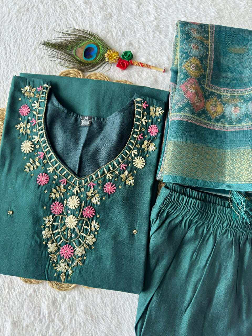 Designer Kurti Pant Dupatta Set – Premium Roman Silk Collection