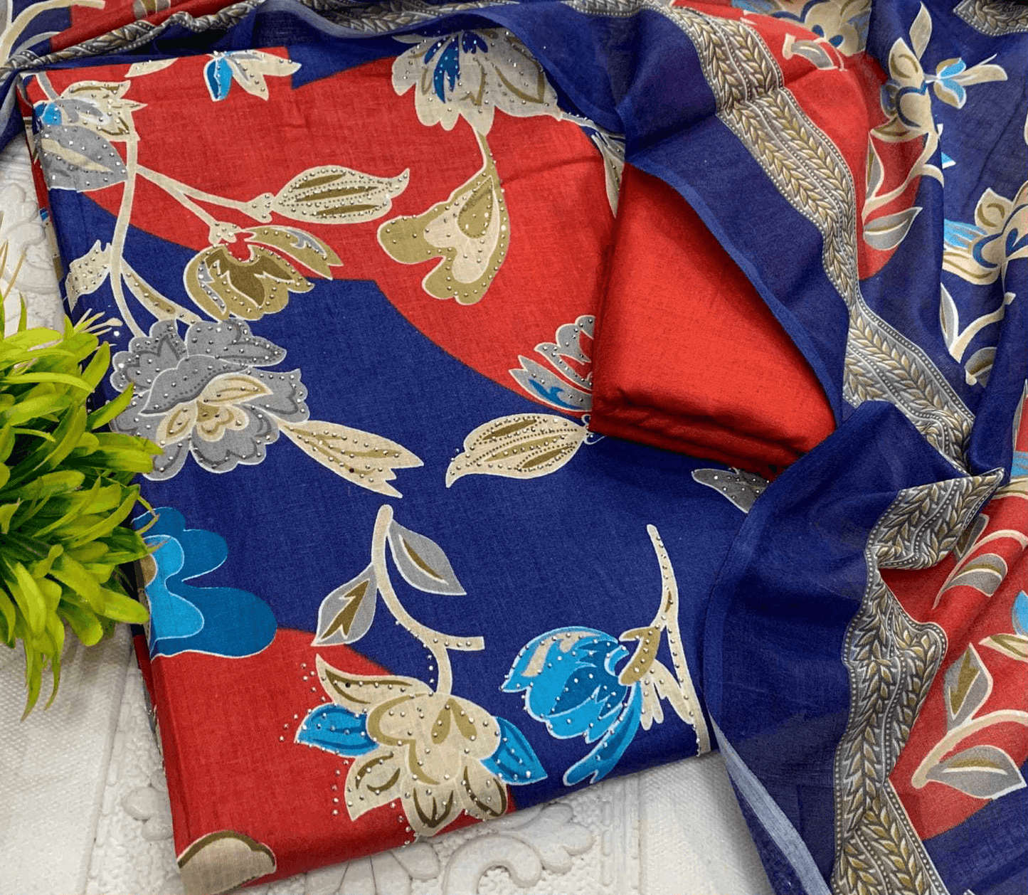 Pure Cotton Kurti Set – Embroidered Neck Three-Piece Collection