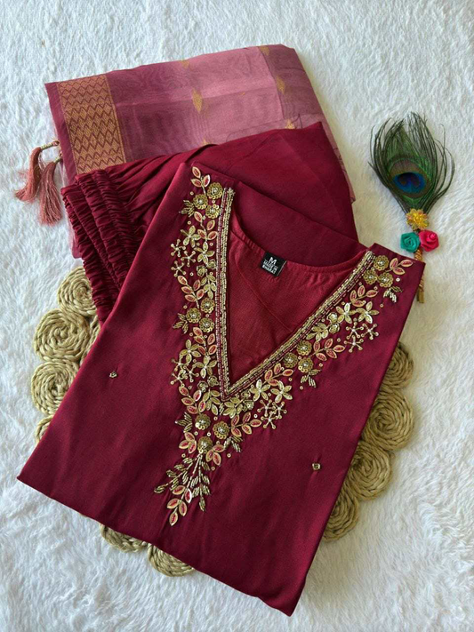 Designer Kurti Pant Dupatta Set – Premium Roman Silk Collection