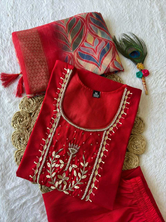 Designer Kurti Pant Dupatta Set – Premium Roman Silk Collection