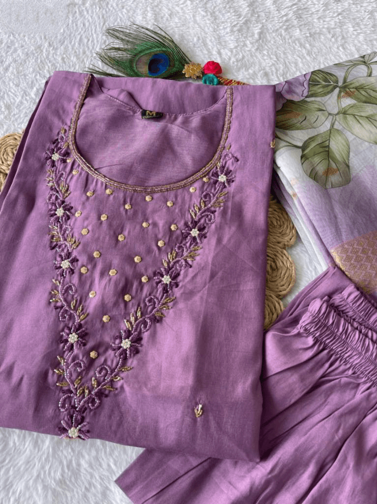 Premium Roman Silk Set – Hand Work Designer Collection
