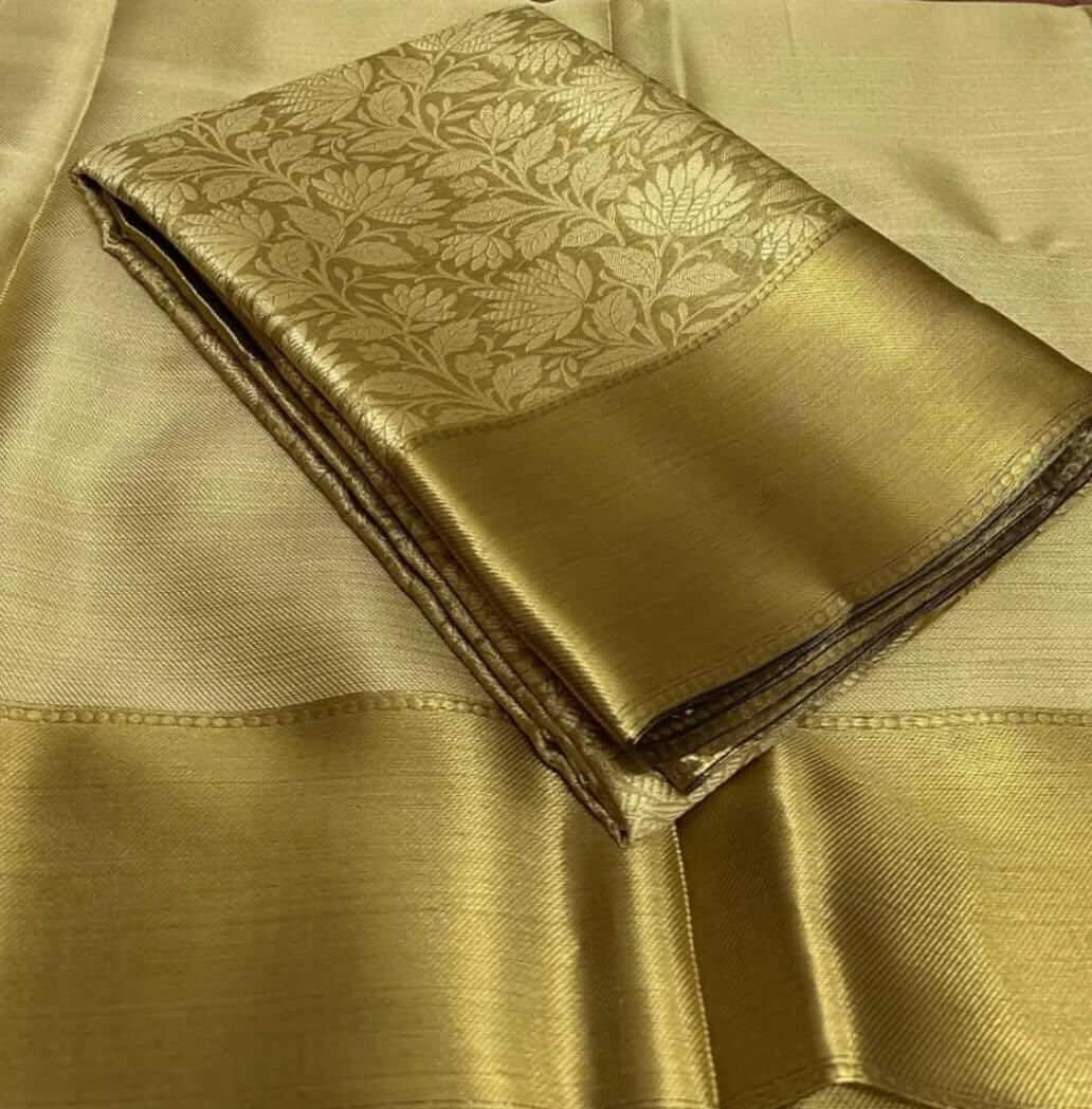 Pure Silk Golden Brocade Saree with Matching Blouse - Wedding Collection