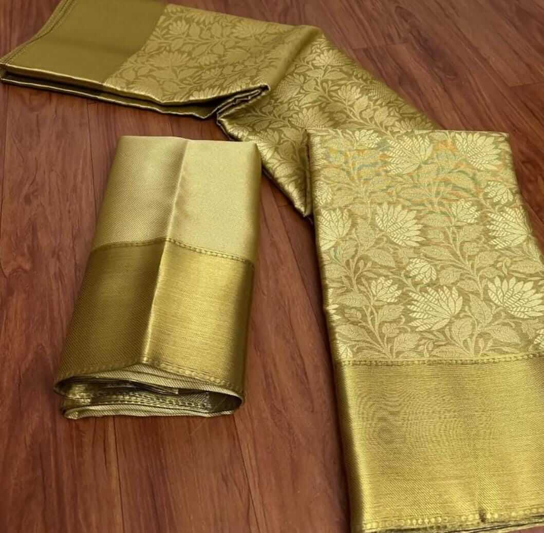 Pure Silk Golden Brocade Saree with Matching Blouse - Wedding Collection