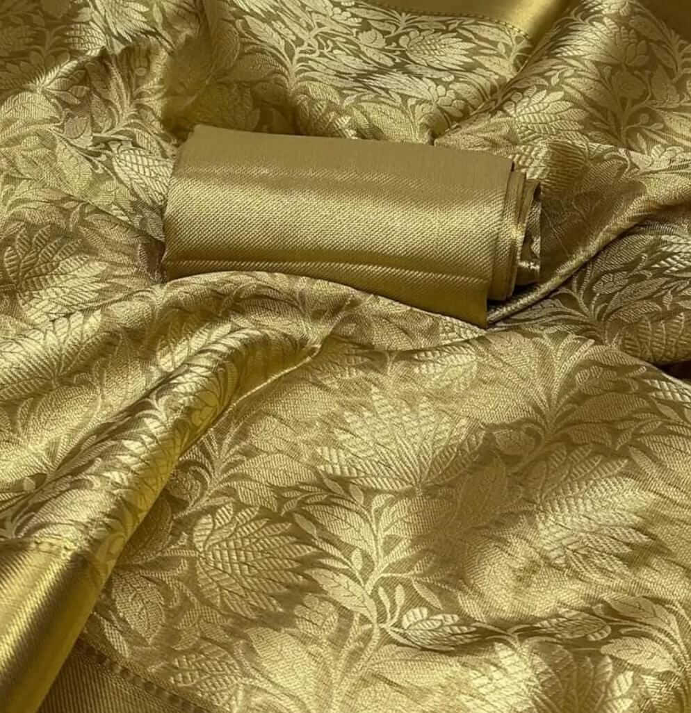Pure Silk Golden Brocade Saree with Matching Blouse - Wedding Collection