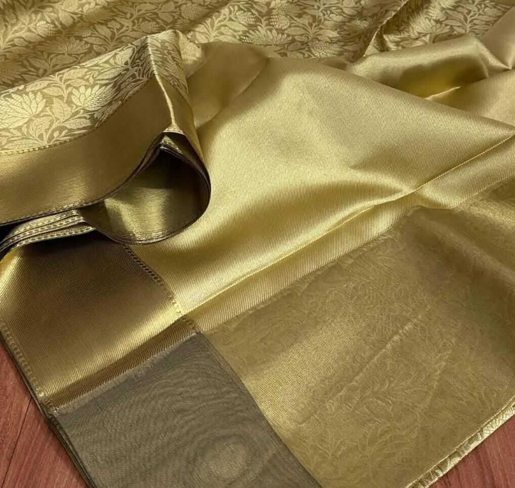 Pure Silk Golden Brocade Saree with Matching Blouse - Wedding Collection