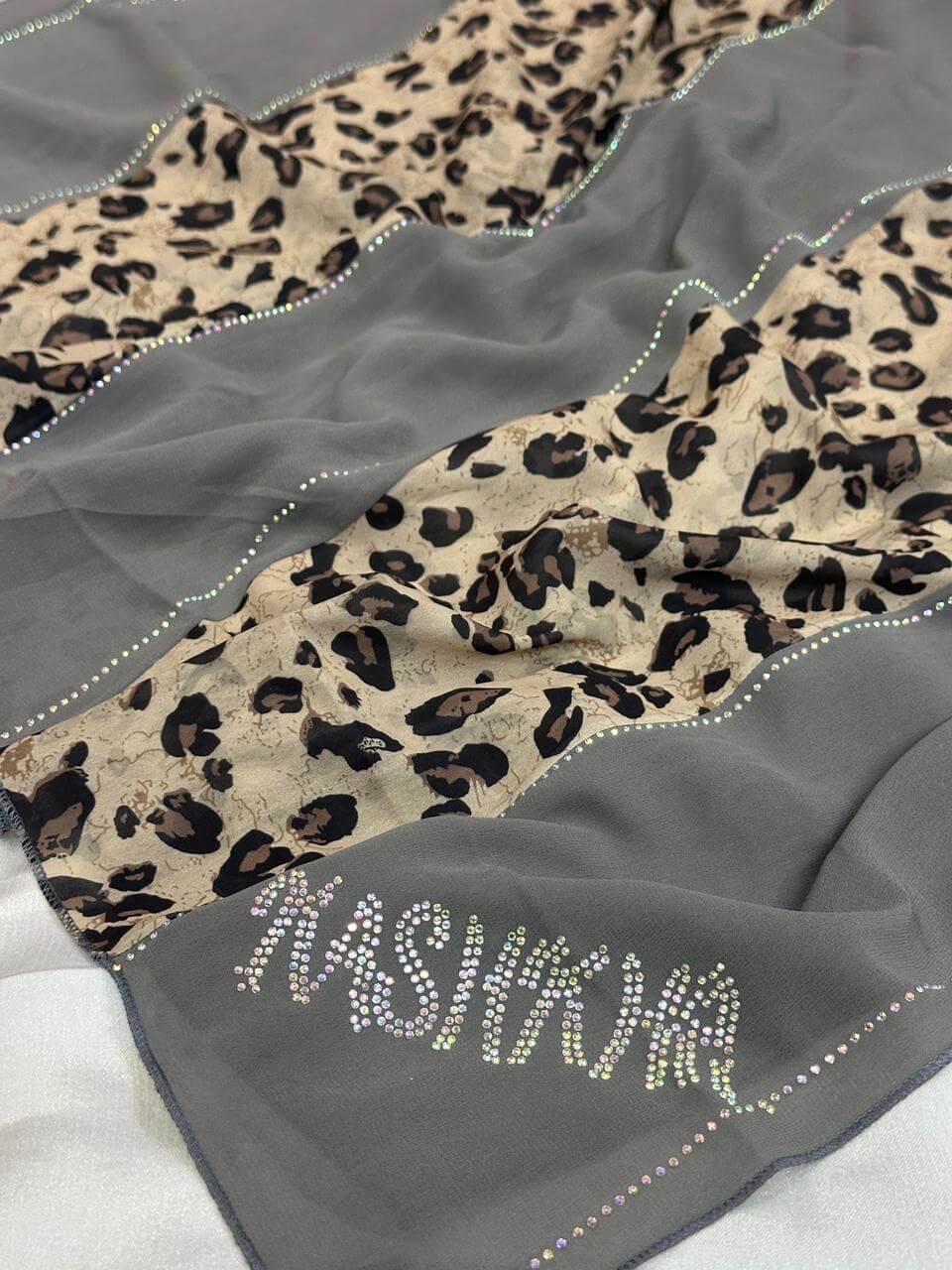 Premium Leopard Print Hijab with Rhinestone Text - Fashion Dupatta Collection