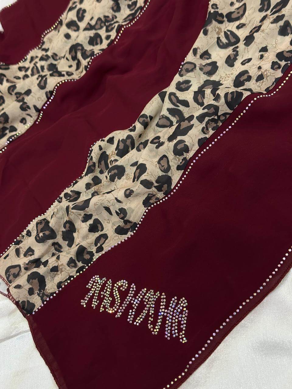 Premium Leopard Print Hijab with Rhinestone Text - Fashion Dupatta Collection