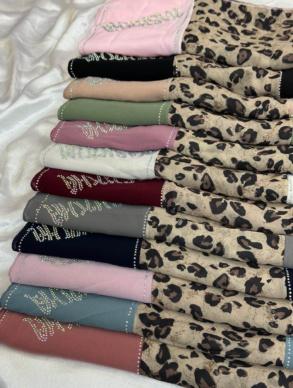 Premium Leopard Print Hijab with Rhinestone Text - Fashion Dupatta Collection