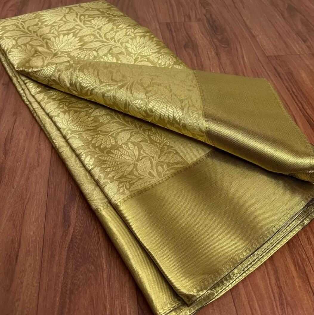 Pure Silk Golden Brocade Saree with Matching Blouse - Wedding Collection