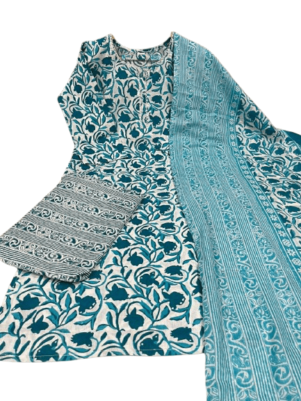 Premium Jaipuri Cotton Kurti Set with Dupatta – One Side Pocket