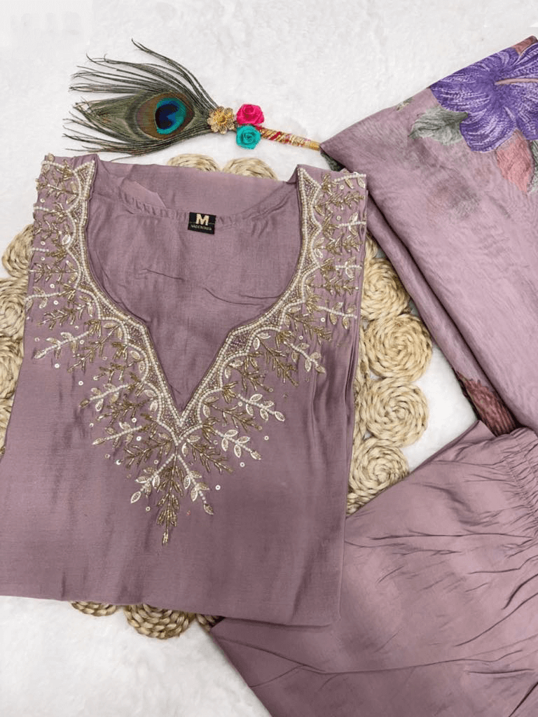 Premium Roman Silk Set – Hand Work Designer Collection