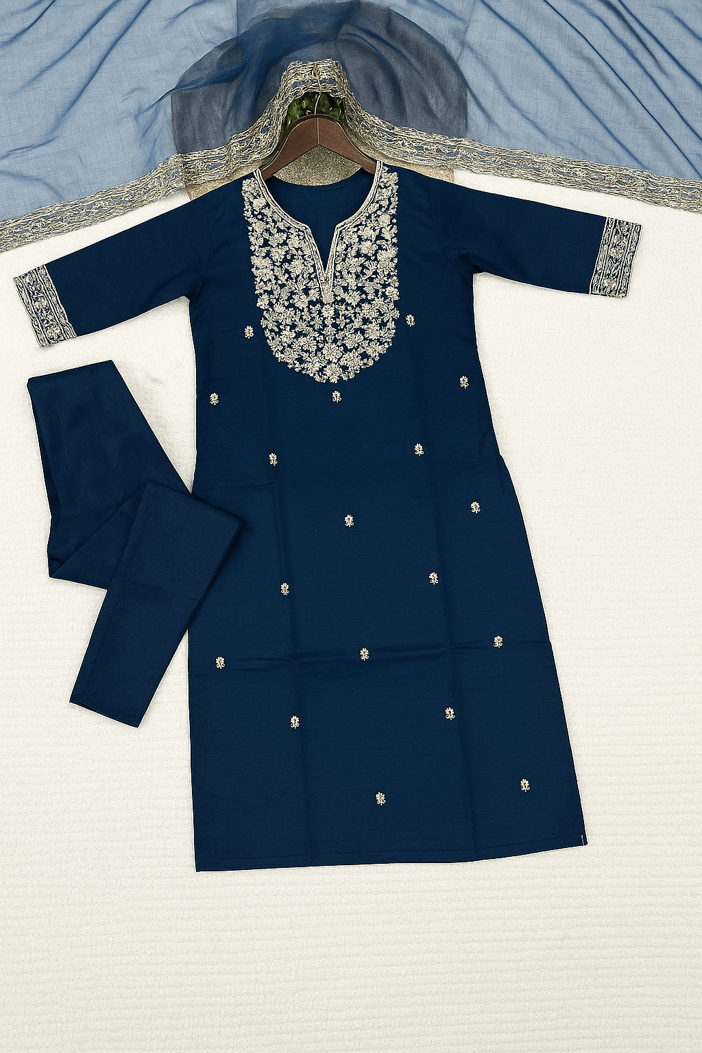 Embroidered Chanderi Silk Kurti Set – Premium Three-Piece Collection