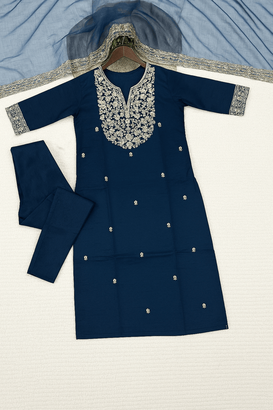 Embroidered Chanderi Silk Kurti Set – Premium Three-Piece Collection