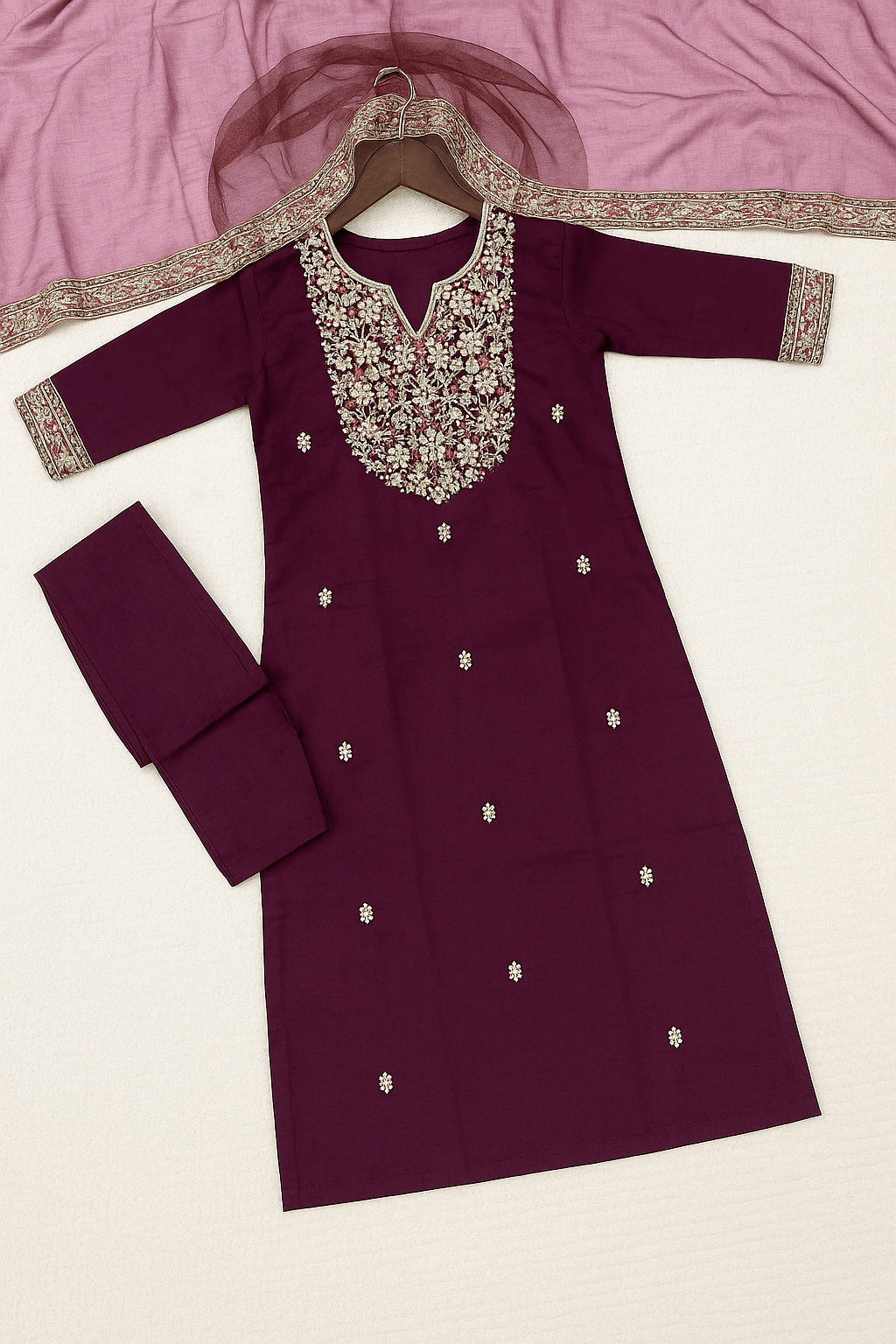 Embroidered Chanderi Silk Kurti Set – Premium Three-Piece Collection