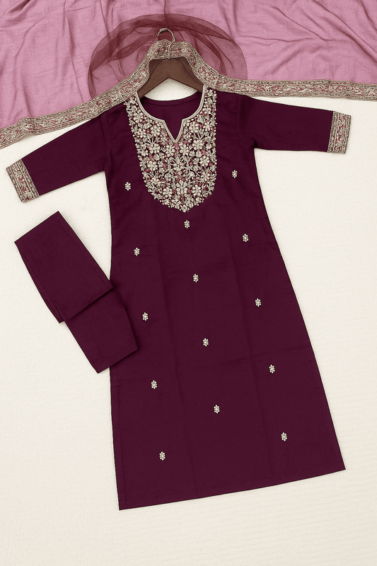 Embroidered Chanderi Silk Kurti Set – Premium Three-Piece Collection