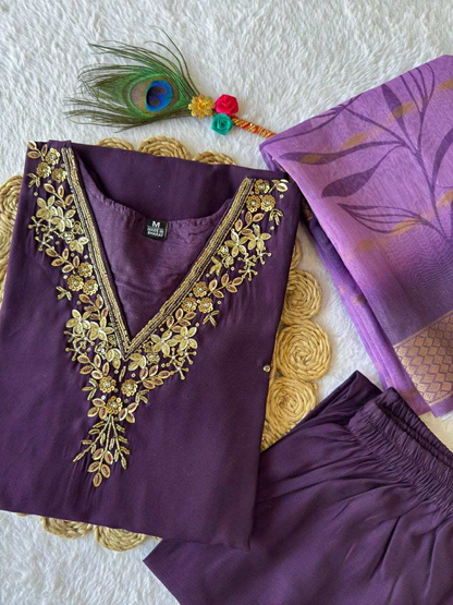 Designer Kurti Pant Dupatta Set – Premium Roman Silk Collection