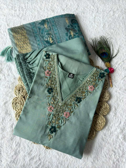 Designer Kurti Pant Dupatta Set – Premium Roman Silk Collection