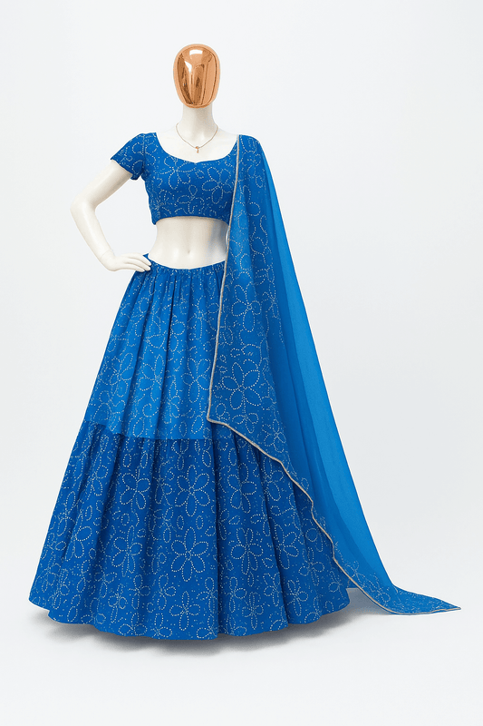 Mirror Work Printed Georgette Lehenga – Full Stitched Three-Piece Collection