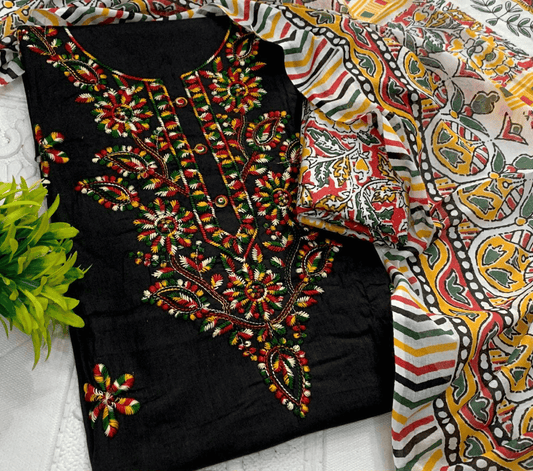 Pure Cotton Kurti Set – Embroidered Neck Three-Piece Collection