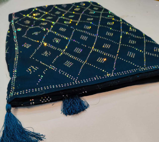 Navy Blue Geometric Pattern Textile Accessory with Tassels