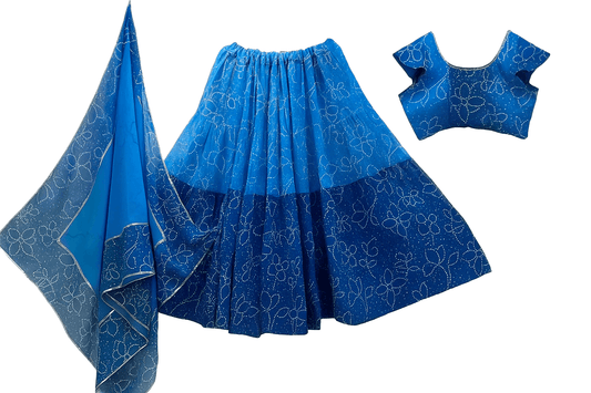 Mirror Work Printed Georgette Lehenga – Full Stitched Three-Piece Collection