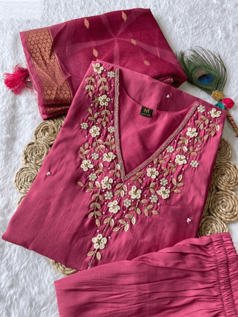 Premium Roman Silk Set – Hand Work Designer Collection
