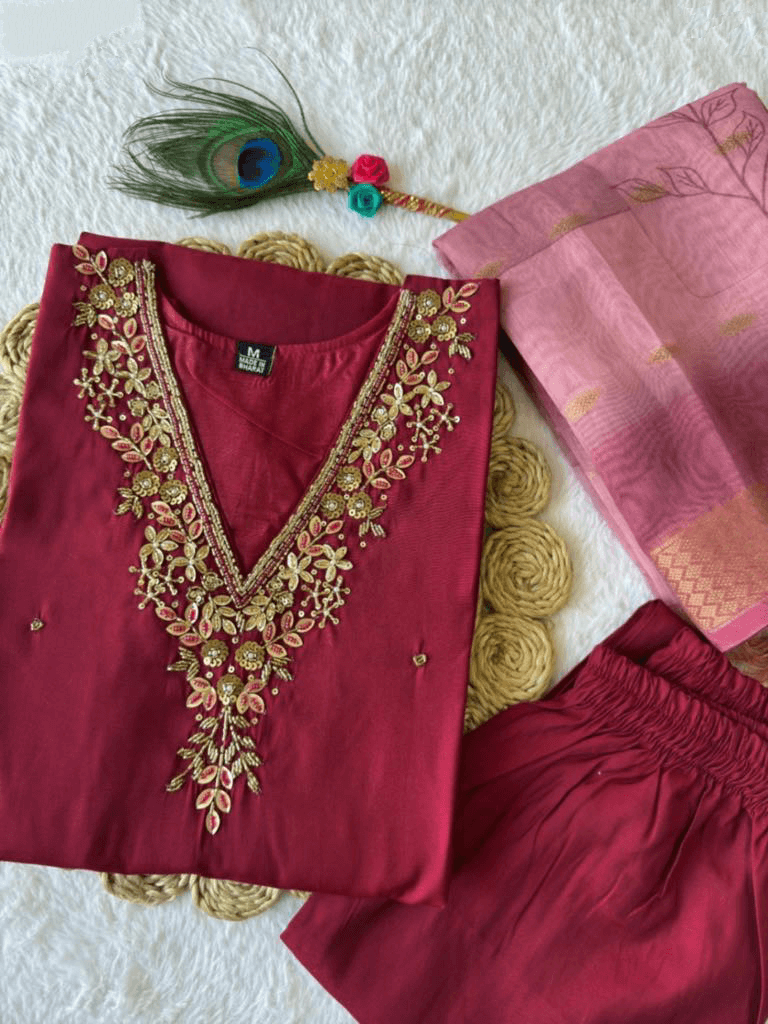 Premium Roman Silk Set – Hand Work Designer Collection