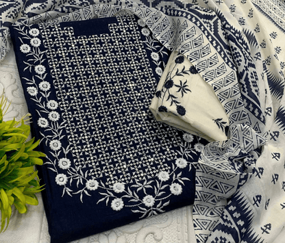 Pure Cotton Kurti Set – Embroidered Neck Three-Piece Collection