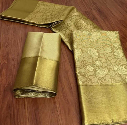 Pure Silk Golden Brocade Saree with Matching Blouse - Wedding Collection