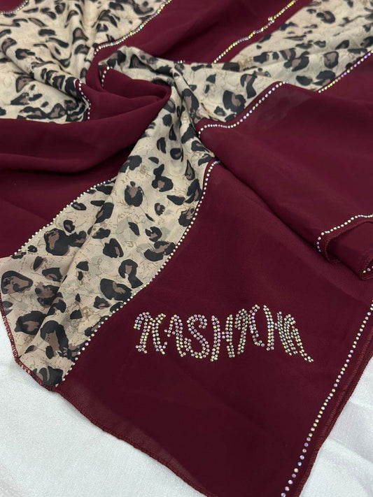 Premium Leopard Print Hijab with Rhinestone Text - Fashion Dupatta Collection
