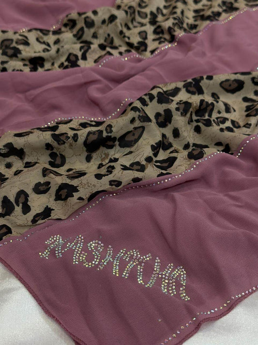 Premium Leopard Print Hijab with Rhinestone Text - Fashion Dupatta Collection