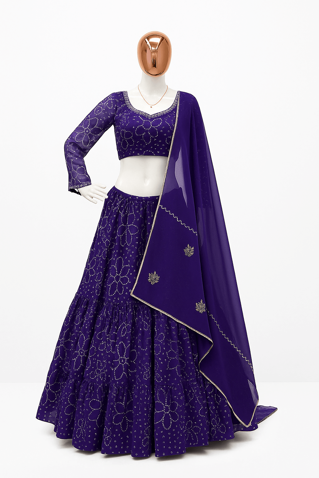 Mirror Work Printed Georgette Lehenga – Full Stitched Three-Piece Collection
