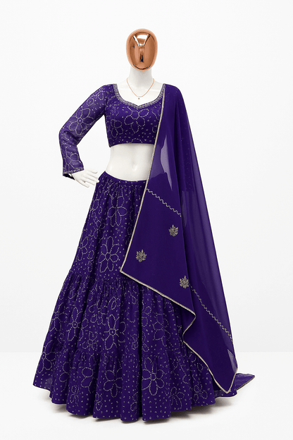 Mirror Work Printed Georgette Lehenga – Full Stitched Three-Piece Collection