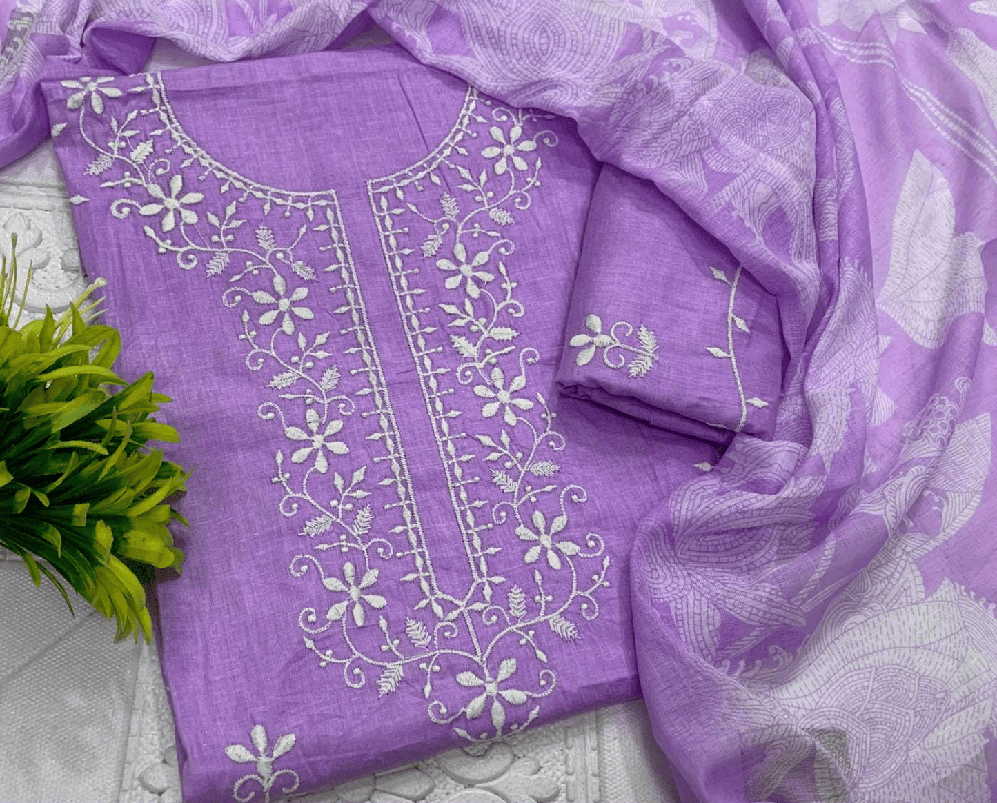 Pure Cotton Kurti Set – Embroidered Neck Three-Piece Collection
