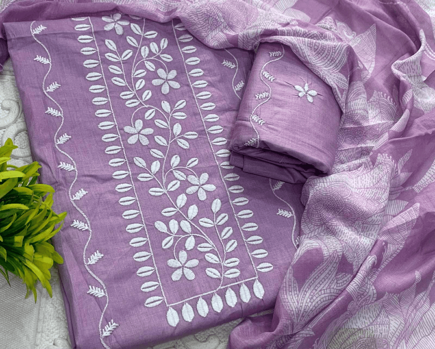 Pure Cotton Kurti Set – Embroidered Neck Three-Piece Collection