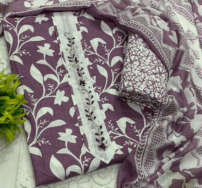 Pure Cotton Kurti Set – Embroidered Neck Three-Piece Collection