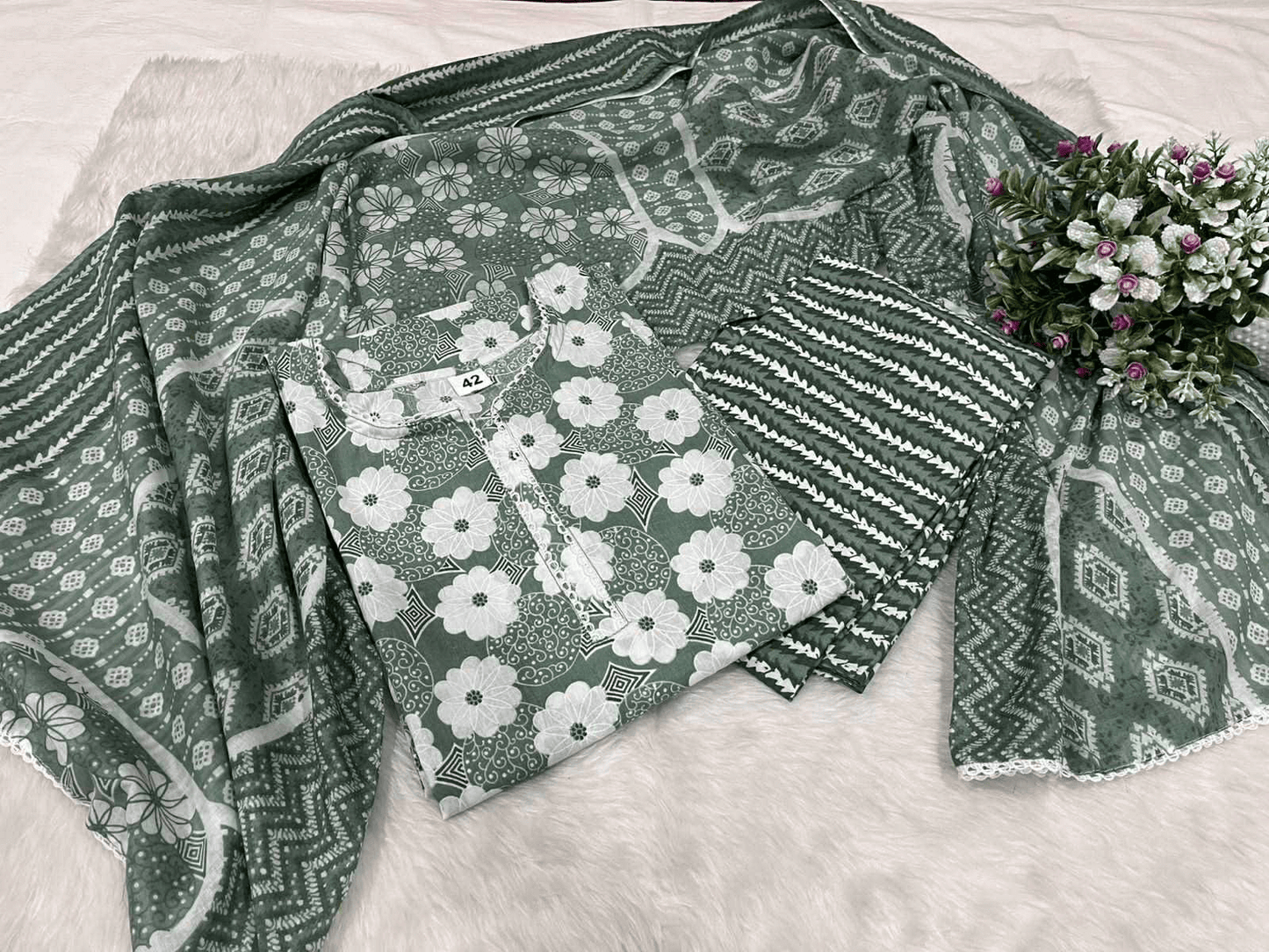 Premium Jaipuri Cotton Kurti Set with Dupatta – One Side Pocket