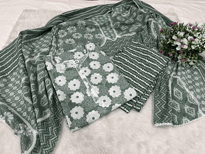 Premium Jaipuri Cotton Kurti Set with Dupatta – One Side Pocket