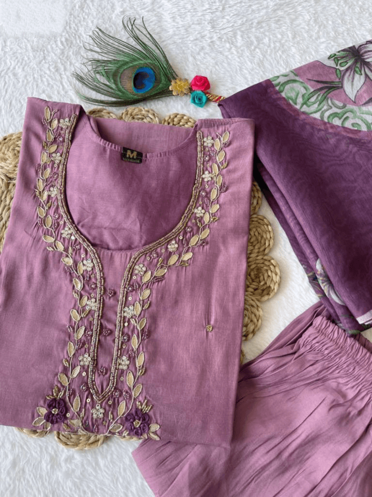 Premium Roman Silk Set – Hand Work Designer Collection