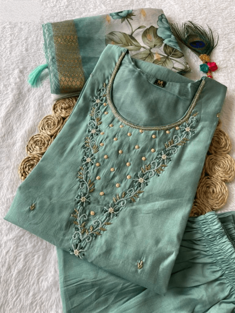 Premium Roman Silk Set – Hand Work Designer Collection