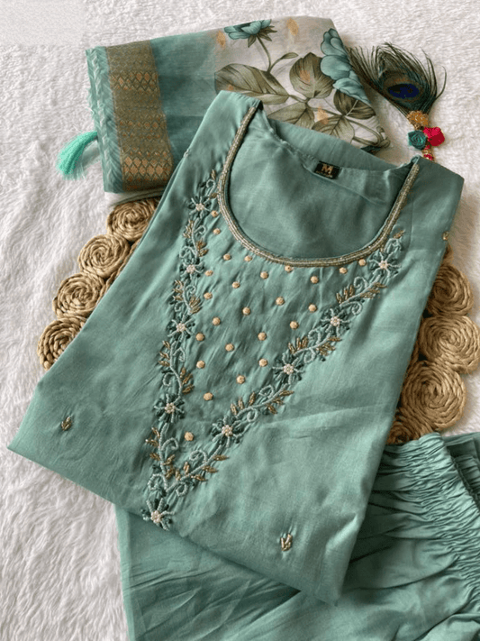 Premium Roman Silk Set – Hand Work Designer Collection